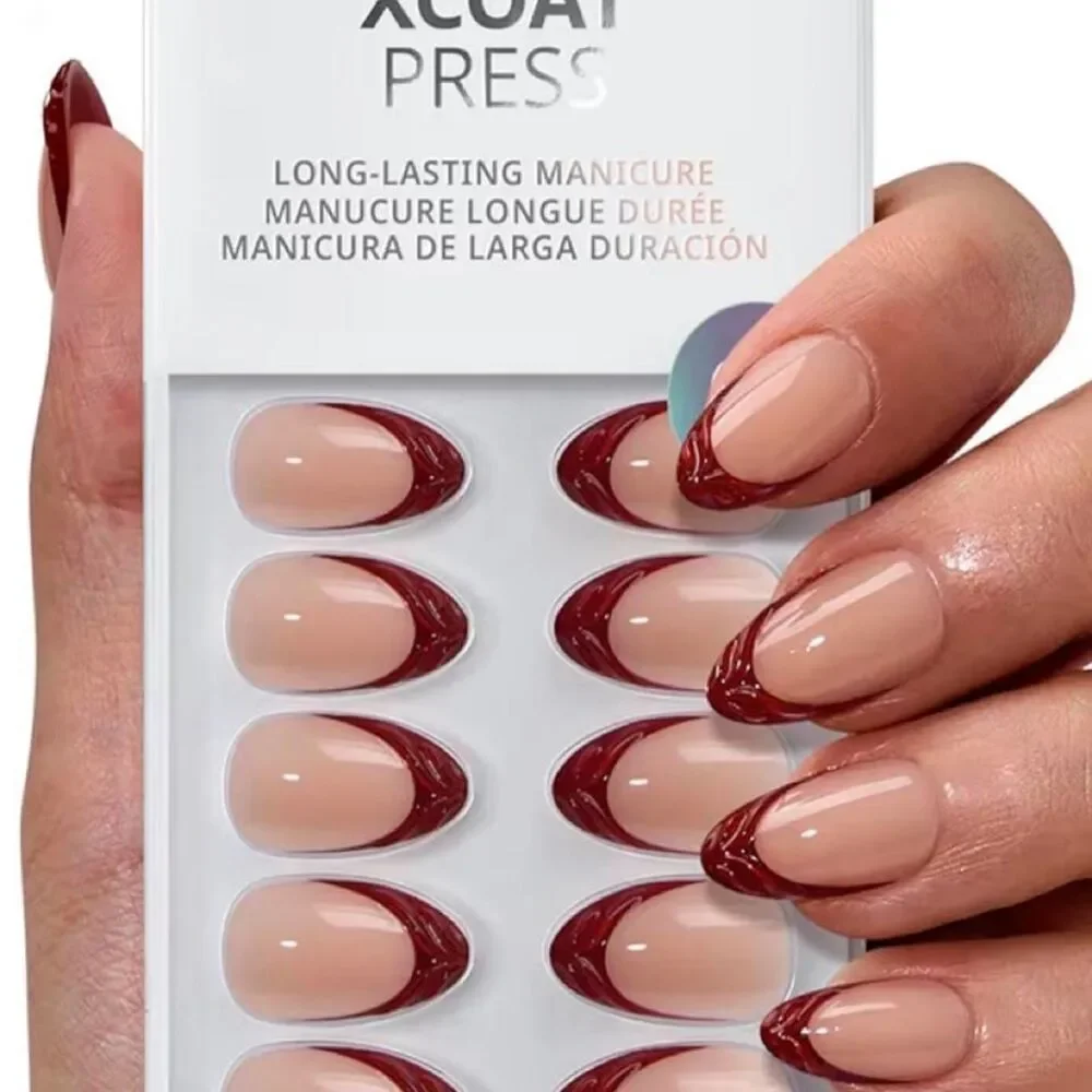 BTArtbox Press On Nails Lucky Stripe Short Almond Red French Tip 32Ct NEW